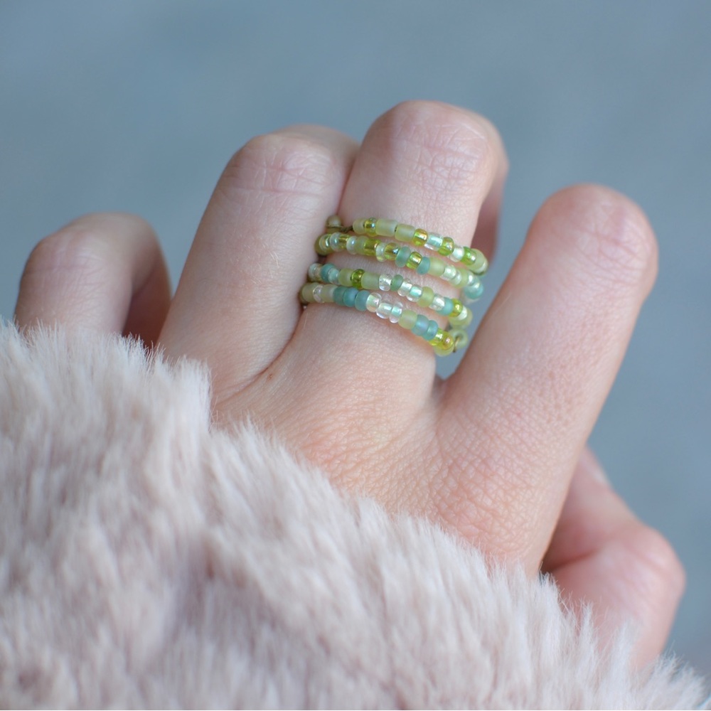 Handmade Ring Adjustable Cottagecore Beaded, Brass Wire Green Blue Frosted Beads